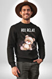 Relax Teddy Ayı Gül Erkek Kadın Unisex Dijital Baskılı Siyah Sweatshirt