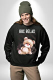 Relax Teddy Ayı Gül Erkek Kadın Unisex Dijital Baskılı Siyah Sweatshirt