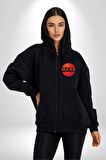 Mars Gezegen Erkek Kadın Siyah Fermuarlı Baskılı Hırka Sweatshirt