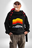 Porsche Klasik Araba Retro Tasarım Erkek Kadın Unisex Dijital Baskılı Siyah Sweatshirt
