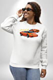 Lamborghini Diablo 2001 Turuncu Araba Boğa Erkek Kadın Unisex Dijital Baskılı Beyaz Sweatshirt