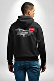 Bugatti EB110 GT Grigio Chiaro Erkek Kadın Siyah Ön Sırt Baskılı Kapüşonlu Sweatshirt Hoodie
