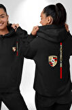 Porsche Logo Klasik Stil Tasarım Erkek Kadın Siyah Ön Sırt Baskılı Kapüşonlu Sweatshirt Hoodie