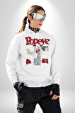 Popeye Karikatür Karakterleri Retro Tasarım Erkek Kadın Unisex Dijital Baskılı Beyaz Sweatshirt