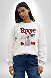 Popeye Karikatür Karakterleri Retro Tasarım Erkek Kadın Unisex Dijital Baskılı Beyaz Sweatshirt