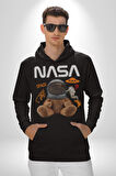 Nasa Astronot Ayı Tedy Uzay Erkek Kadın Siyah Dijital Baskılı Kapüşonlu Sweatshirt Hoodie