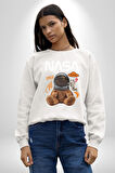 Nasa Astronot Ayı Tedy Uzay Erkek Kadın Unisex Dijital Baskılı Beyaz Sweatshirt