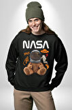 Nasa Astronot Ayı Tedy Uzay Erkek Kadın Unisex Dijital Baskılı Siyah Sweatshirt