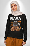 Nasa Astronot Ayı Tedy Uzay Erkek Kadın Unisex Dijital Baskılı Siyah Sweatshirt