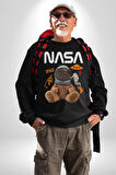 Nasa Astronot Ayı Tedy Uzay Erkek Kadın Unisex Dijital Baskılı Siyah Sweatshirt