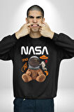 Nasa Astronot Ayı Tedy Uzay Erkek Kadın Unisex Dijital Baskılı Siyah Sweatshirt