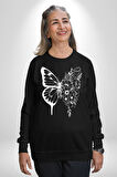 Beyaz Kelebek Ve Çiçekler Erkek Kadın Unisex Dijital Baskılı Siyah Sweatshirt