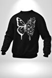 Beyaz Kelebek Ve Çiçekler Erkek Kadın Unisex Dijital Baskılı Siyah Sweatshirt