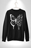 Beyaz Kelebek Ve Çiçekler Erkek Kadın Unisex Dijital Baskılı Siyah Sweatshirt