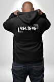 Beyaz Tasarım İnanmak Yazılı Erkek Kadın Siyah Ön Sırt Baskılı Kapüşonlu Sweatshirt Hoodie