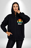 Retro Palmiye Güneş 80 90 Erkek Kadın Siyah Fermuarlı Baskılı Hırka Sweatshirt