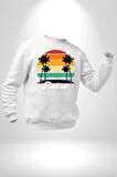 Retro Palmiye Güneş 80 90 Erkek Kadın Unisex Dijital Baskılı Beyaz Sweatshirt