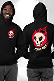 Kırmızı Ateş Kurukafa Rock Erkek Kadın Siyah Ön Sırt Baskılı Kapüşonlu Sweatshirt Hoodie