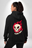 Kırmızı Ateş Kurukafa Rock Erkek Kadın Siyah Ön Sırt Baskılı Kapüşonlu Sweatshirt Hoodie