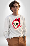Kırmızı Ateş Kurukafa Rock Erkek Kadın Unisex Dijital Baskılı Beyaz Sweatshirt