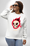 Kırmızı Ateş Kurukafa Rock Erkek Kadın Unisex Dijital Baskılı Beyaz Sweatshirt