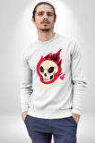 Kırmızı Ateş Kurukafa Rock Erkek Kadın Unisex Dijital Baskılı Beyaz Sweatshirt