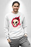 Kırmızı Ateş Kurukafa Rock Erkek Kadın Unisex Dijital Baskılı Beyaz Sweatshirt