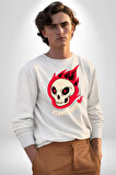 Kırmızı Ateş Kurukafa Rock Erkek Kadın Unisex Dijital Baskılı Beyaz Sweatshirt