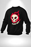 Kırmızı Ateş Kurukafa Rock Erkek Kadın Unisex Dijital Baskılı Siyah Sweatshirt