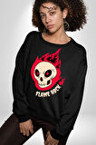 Kırmızı Ateş Kurukafa Rock Erkek Kadın Unisex Dijital Baskılı Siyah Sweatshirt