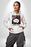 Gözlerim Kapalı Kadın Sokak Stili Erkek Kadın Beyaz Dijital Baskılı Kapüşonlu Sweatshirt Hoodie