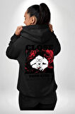 Gözlerim Kapalı Kadın Sokak Stili Erkek Kadın Siyah Ön Sırt Baskılı Kapüşonlu Sweatshirt Hoodie