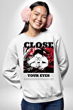 Gözlerim Kapalı Kadın Sokak Stili Erkek Kadın Unisex Dijital Baskılı Beyaz Sweatshirt