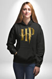 Harry Potter Sihirli Logo Tasarımı Erkek Kadın Siyah Dijital Baskılı Kapüşonlu Sweatshirt Hoodie