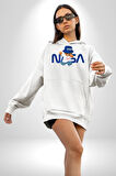 NASA Space Ayı Karikatür Tasarımı Erkek Kadın Beyaz Dijital Baskılı Kapüşonlu Sweatshirt Hoodie
