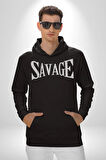 Vahşi Yazılı Erkek Kadın Siyah Dijital Baskılı Kapüşonlu Sweatshirt Hoodie