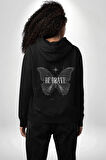 Kelebekler Gibi Cesur Ol Erkek Kadın Siyah Ön Sırt Baskılı Kapüşonlu Sweatshirt Hoodie