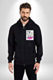 Sokak Kültürü Erkek Kadın Siyah Fermuarlı Baskılı Hırka Sweatshirt