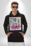 Sokak Kültürü Erkek Kadın Siyah Dijital Baskılı Kapüşonlu Sweatshirt Hoodie