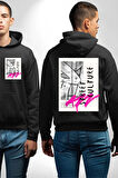 Sokak Kültürü Erkek Kadın Siyah Ön Sırt Baskılı Kapüşonlu Sweatshirt Hoodie