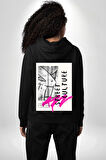 Sokak Kültürü Erkek Kadın Siyah Ön Sırt Baskılı Kapüşonlu Sweatshirt Hoodie