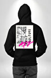 Sokak Kültürü Erkek Kadın Siyah Ön Sırt Baskılı Kapüşonlu Sweatshirt Hoodie