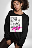 Sokak Kültürü Erkek Kadın Unisex Dijital Baskılı Siyah Sweatshirt