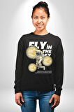 Gökyüzünde Uçmak Astronot Erkek Kadın Unisex Dijital Baskılı Siyah Sweatshirt