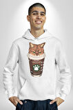 Catpuccino Kedi Karikatür Eğlenceli Tasarım Erkek Kadın Beyaz Dijital Baskılı Kapüşonlu Sweatshirt Hoodie
