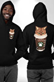 Catpuccino Kedi Karikatür Eğlenceli Tasarım Erkek Kadın Siyah Ön Sırt Baskılı Kapüşonlu Sweatshirt Hoodie