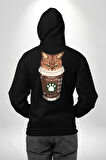 Catpuccino Kedi Karikatür Eğlenceli Tasarım Erkek Kadın Siyah Ön Sırt Baskılı Kapüşonlu Sweatshirt Hoodie