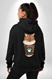 Catpuccino Kedi Karikatür Eğlenceli Tasarım Erkek Kadın Siyah Ön Sırt Baskılı Kapüşonlu Sweatshirt Hoodie