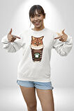 Catpuccino Kedi Karikatür Eğlenceli Tasarım Erkek Kadın Unisex Dijital Baskılı Beyaz Sweatshirt