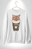 Catpuccino Kedi Karikatür Eğlenceli Tasarım Erkek Kadın Unisex Dijital Baskılı Beyaz Sweatshirt